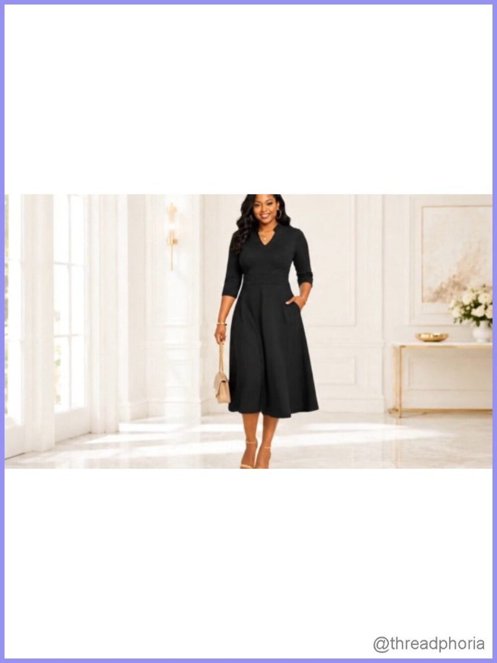 3/4 Sleeve V-Neck Midi Dress A-Line Fit Flare Tea Length Modest Pockets - Picture 6 of 6